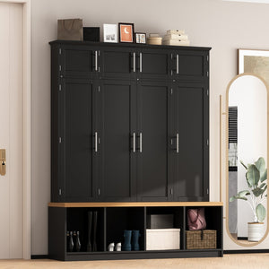 English Elm Wood Entryway Hall Tree with Bench Seating Coat Hooks Shoe Cubbies Cabinet Black W5271S00003