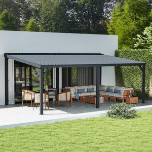 English Elm 12x20ft Lean to Hardtop Gazebo Wall Mounted Steel Roof Outdoor Shelter Deck Porch Gray W1859S00197