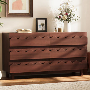 English Elm 60" Wave Front Six Drawer Dresser Sculptural Engineered Wood Media Console for Bedroom Walnut N739S0000011D