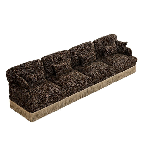 English Elm 131" Chenille Leopard Sectional Sofa Modular 4 Seat Deep Cushion Tassel Trim Brown W5656S00016