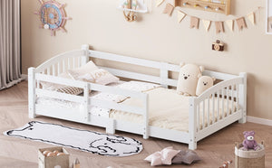 English Elm Twin Montessori Floor Bed Solid Pine Frame with Safety Guardrails for Kids Bedroom White N733P400298K