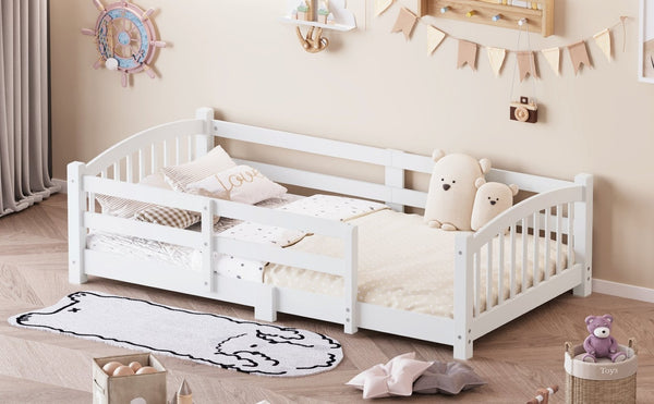 English Elm Twin Montessori Floor Bed Solid Pine Frame with Safety Guardrails for Kids Bedroom White N733P400298K