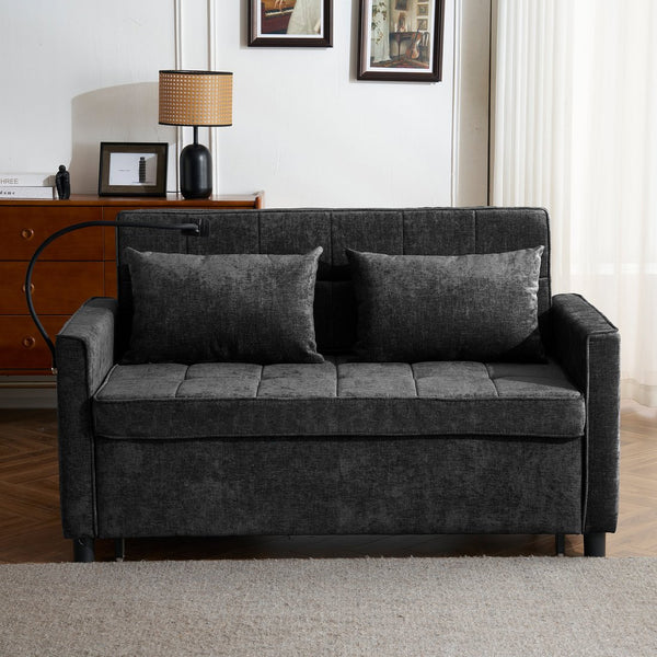 English Elm 56.9" Loveseat Sofa Bed with Chenille Upholstery, USB Ports, Phone Holder, Side Pockets, Reclining Backrest Black N719P208853B