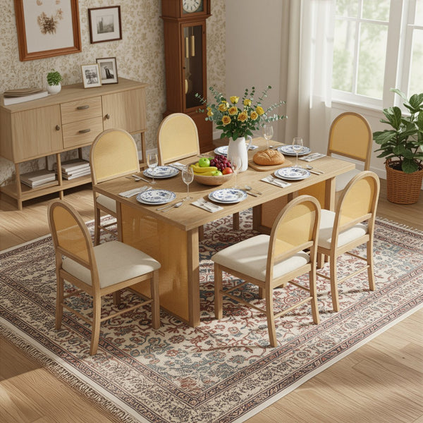 English Elm TREXM 7-Piece Farmhouse Dining Set with Distressed Oak Veneer Table and Upholstered Rattan Chairs, Rustic Elegance for Family Meals Beige,Natural ST000149AAN
