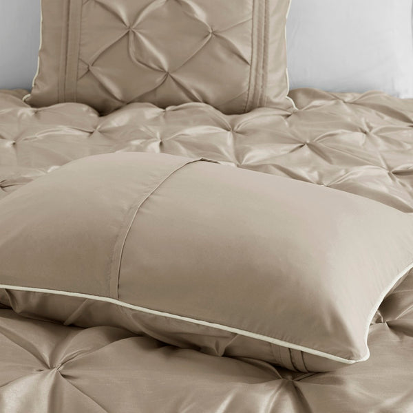 English Elm 7-piece Queen Tufted Pleated Comforter Set with Shams Bed Skirt Decorative Pillows Taupe B035P463172