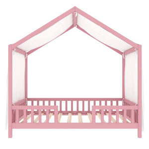English Elm Montessori House Bed Frame Twin with Canopy & Full Guardrails, Cozy Kids Platform Bed for Toddlers Pink 81.5 L x 16 W x 6.6 H N733P356043H