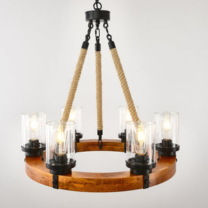 English Elm 23.62 Inch Wagon Wheel Chandelier Wood Metal Frame Seeded Glass Farmhouse Dining W5008P390657