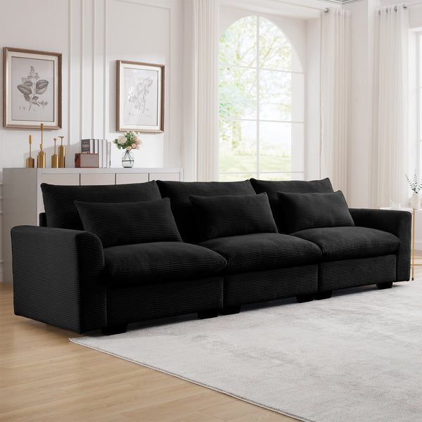 English Elm 3 Seater Deep Seat Corduroy Sofa - Wide, Ultra-Comfortable Modular Couch with 3 Waist Pillows, Black W714S00849