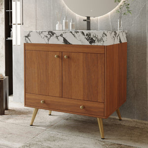 English Elm Mid-century Freestanding Bathroom Vanity Faux Marble Ceramic Sink Gold Legs Storage W3136S00067