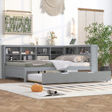 English Elm Wooden Full Size Daybed With Twin Size Trundle, Daybed With Storage Shelf and Usb Charging Ports,Grey