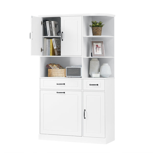 English Elm Tall Freestanding Organizer Cabinet with Tilt-Out Hamper, 2 Drawers, Adjustable Shelves, Modern White MDF Storage N725S352451K