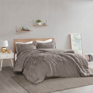 Intelligent Design Malea Glam/Luxury Shaggy Fur Duvet Cover Set ID12-1927 Grey