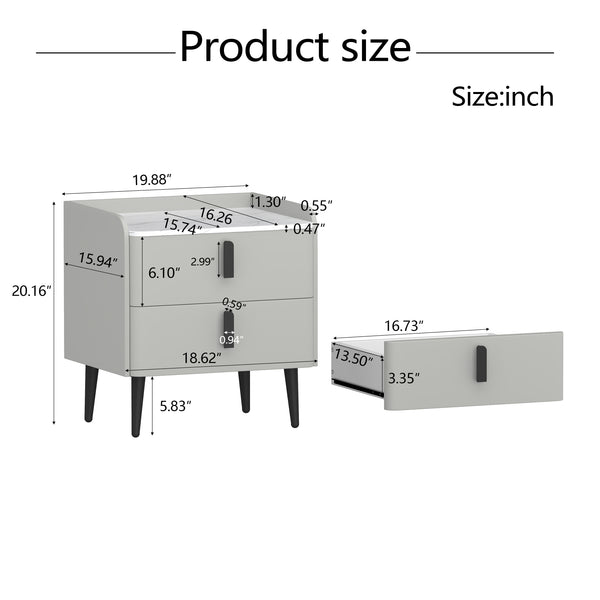 English Elm Nightstands with Marble-Pattern Top and Raised Guard, 2-Drawer Modern Bedside Tables for Storage Elegance Gray 23.4 L x 18.5 W x 9.06 H N733S332142E