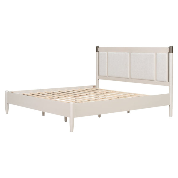 English Elm Solid Pine King Platform Bed with Upholstered Headboard and Industrial Metal Accents Grey,Light Grey N770PK361419E