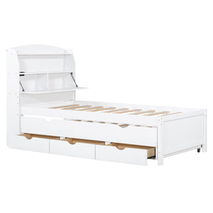 English Elm Twin LED Platform Bed with Trundle and Under-Storage Drawers, Flip-Up Headboard, USB Ports White N820S10008K