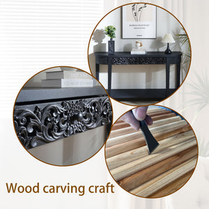 English Elm 59.2in Black Carved Wooden Console Table with Drawer & Lower Shelf — Elegant Entryway Storage Accent W2729P270742