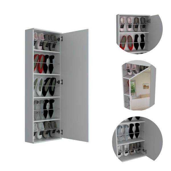English Elm Wall Mounted Shoe Cabinet with Full Length Mirror Five Shelves White Entryway Organizer B097132917