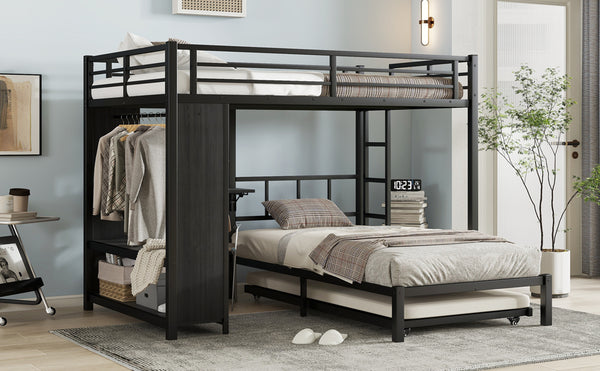 English Elm Full Over Twin Bunk Bed With Integrated Wardrobe, Trundle, Foldable Desk & Noise-Reduced Design In Black W1580S00136