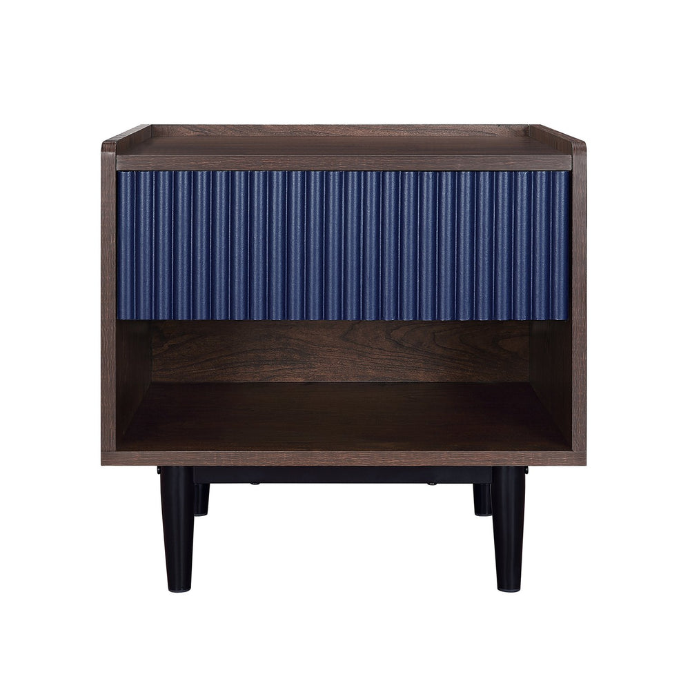 English Elm Duane Navy Blue 20" Fluted Nightstand with Ribbed MDF, Handless Drawer, Iron Feet, Modern Storage B365P398181