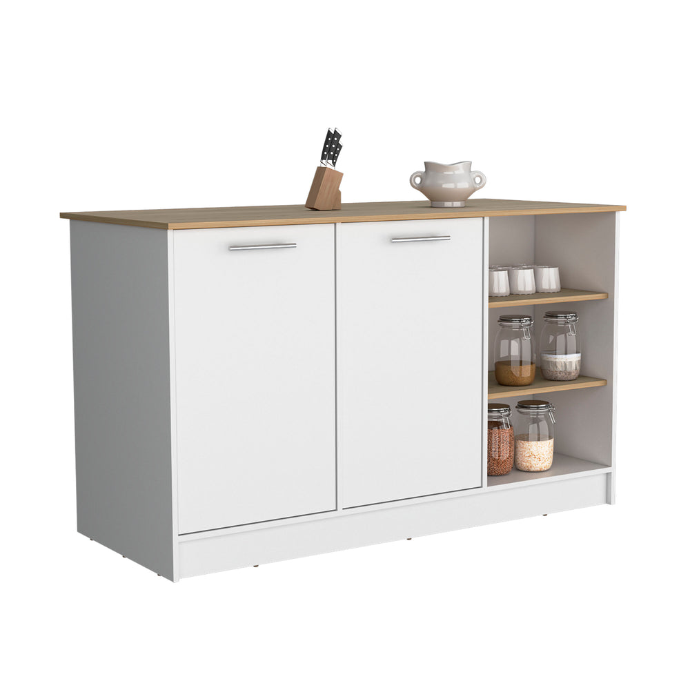 English Elm Kitchen Island With Two Cabinets & Three Open Shelves - Modern White & Natural Oak Storage Solution B097S00143