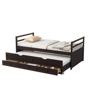 English Elm Twin Twin Size Bed with Trundle and Three Storage Drawers, Space-Saving Pine Frame with Classic Headboard Espresso W504P197165