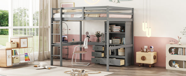English Elm Full Size Loft Bed With Desk, Storage Solutions, Built-In Ladder & Guardrails For Safe Use In Grey W504S00160