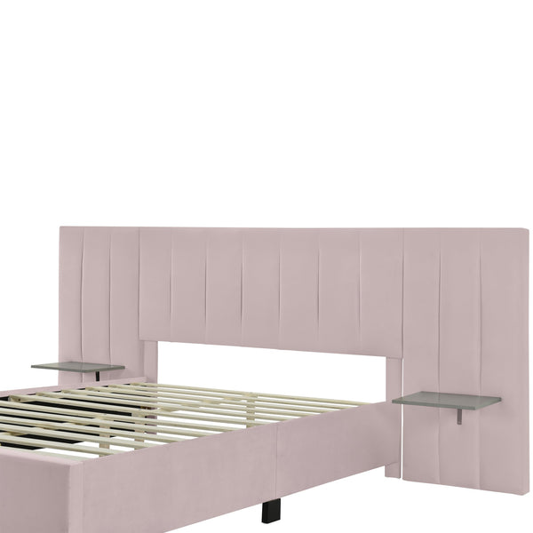 English Elm Queen Upholstered Platform Bed with Oversized Velvet Headboard, Built-In Shelves, Modern Comfort and Support for Relaxation Pink SF000138AAH