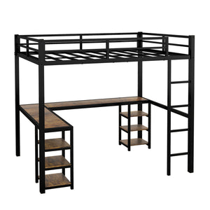English Elm Full Metal Loft Bed With Vintage Wood Desk & Shelves - Stylish Space-Saving Solution For Bedrooms W1580S00040