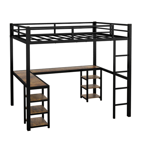 English Elm Full Metal Loft Bed With Vintage Wood Desk & Shelves - Stylish Space-Saving Solution For Bedrooms W1580S00040