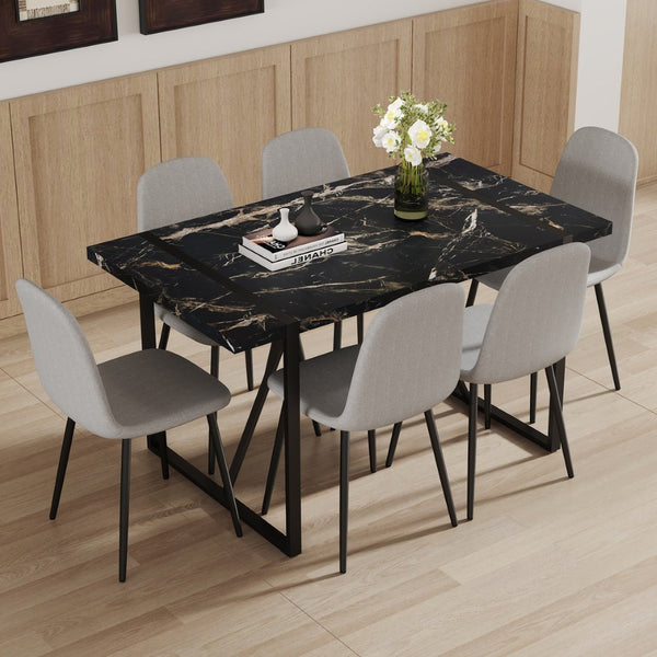 English Elm Table Modern Black Marble Mdf Dining Set With 6 Light Gray Linen Chairs - Stylish & Durable Design W1151S02704-GIGA