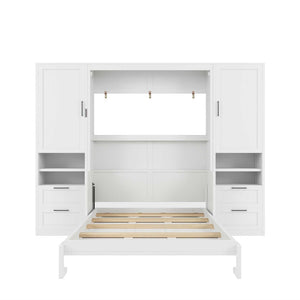 English Elm Full Size Murphy Wall Bed with Wardrobe Drawers and Shelves for Studio Spaces LP000908AAK-1