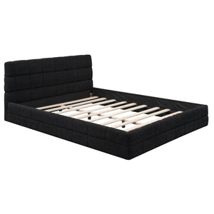English Elm Queen Upholstered Platform Bed with Padded Headboard, Slat Support, Modern Stitch Detail for Comfort Black DL001520AAB