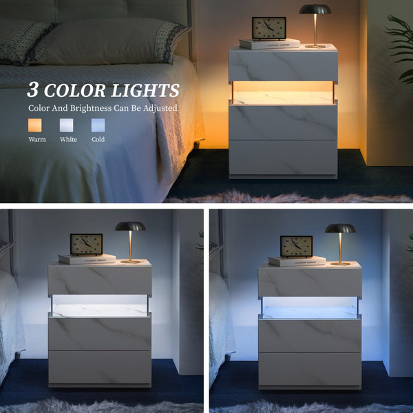 English Elm Led Nightstand with Rgb Acrylic Glow Panel Three Drawers Walnut Bedroom Table Stone White W2178P412304