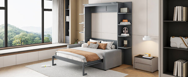 English Elm Queen Murphy Bed with Integrated Sofa Space Saving Fold Down Cabinet for Studio Living Gray LP000591AAE-2