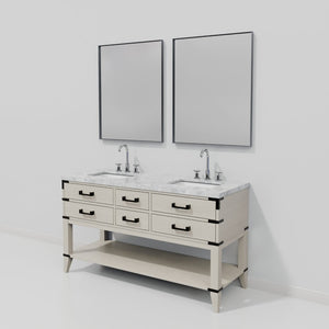 English Elm White Oak Double Bath Vanity Set With Carrara Marble Top, Faucets & 28" Mirrors For Elegant Spaces B2731S01890-GIGA