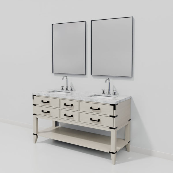 English Elm White Oak Double Bath Vanity Set With Carrara Marble Top, Faucets & 28" Mirrors For Elegant Spaces B2731S01890-GIGA
