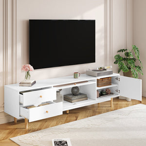 English Elm 70 Modern TV Stand for TVs up to 80" with Rattan Accents, Smooth Drawers, Flip-Up Storage, Durable Design White N710P339470W