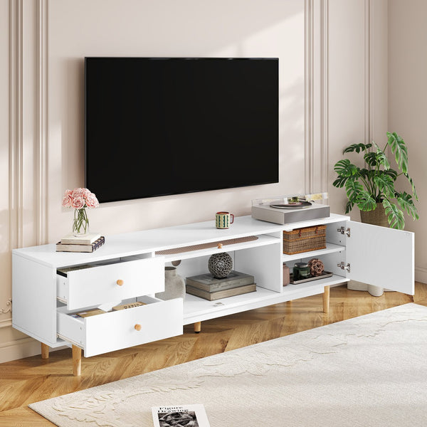 English Elm 70 Modern TV Stand for TVs up to 80" with Rattan Accents, Smooth Drawers, Flip-Up Storage, Durable Design White N710P339470W