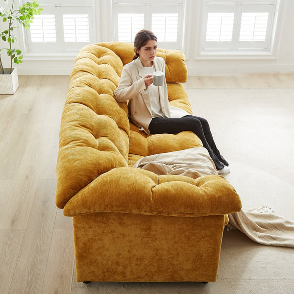 English Elm 99.2" Chenille Modern Deep Seat Sofa with Cloud-Like Cushioning, Zippered Arm Pads & Solid Wood Frame Yellow W1193S00151