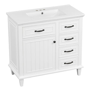 English Elm 36 Inch Bathroom Vanity - Modern Ceramic Sink, Solid Wood Frame, Adjustable Storage & Soft-Close Doors N725P336554K