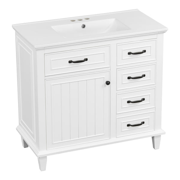 English Elm 36 Inch Bathroom Vanity - Modern Ceramic Sink, Solid Wood Frame, Adjustable Storage & Soft-Close Doors N725P336554K