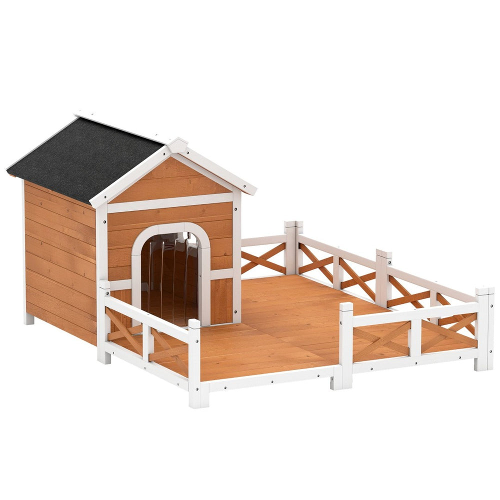English Elm Dog House Outdoor Solid Fir Wood Cottage Style with Fenced Porch for Small Breeds T3971P433446