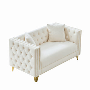 English Elm 58"Chesterfield Velvet Sofa Elegant Tufted 2-Seater Deep Seat with Nailhead Trim Solid Wood Frame Beige W3373S00028