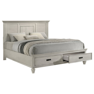 English Elm Capistrano Distressed White Eastern King Bed with Storage Drawers, High Louvered Headboard, Rustic Charm B062S00931