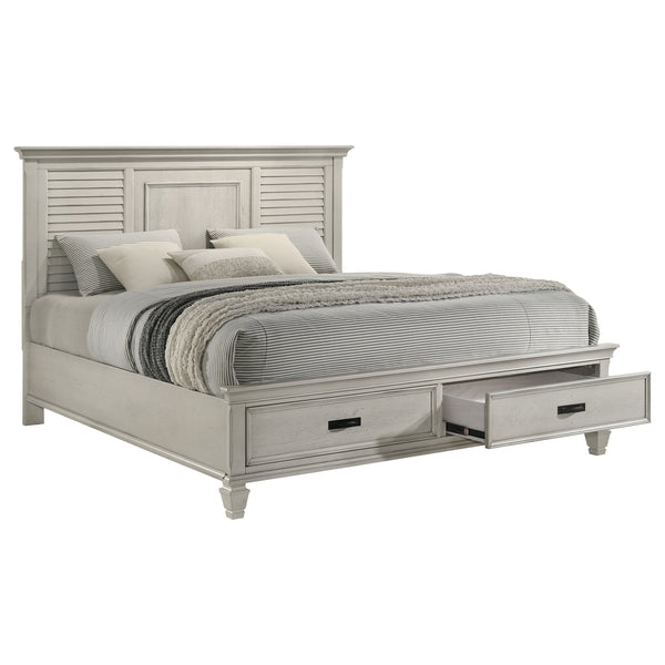 English Elm Capistrano Distressed White Eastern King Bed with Storage Drawers, High Louvered Headboard, Rustic Charm B062S00931
