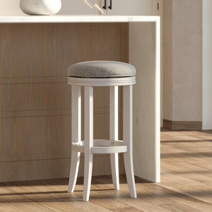 English Elm 31in. Backless Swivel Barstool Solid Wood Curved Legs Upholstered Seat Bar Kitchen White B2751P436425