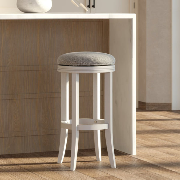 English Elm 31in. Backless Swivel Barstool Solid Wood Curved Legs Upholstered Seat Bar Kitchen White B2751P436425