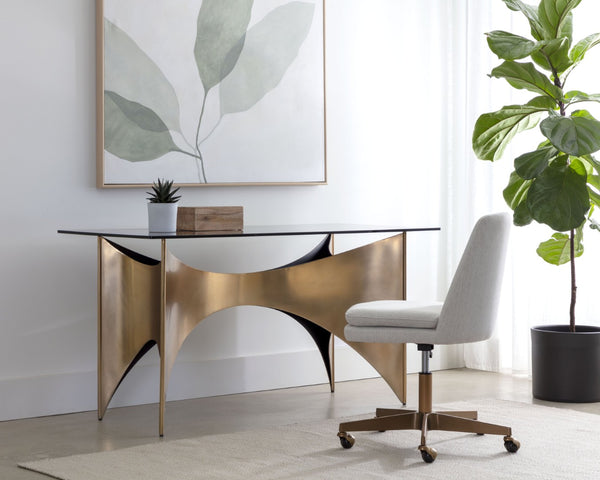 Sunpan LONDON Desk - Modern Glamour with Smoked Glass Top & Antique Gold Base for Stylish Workspaces 109644