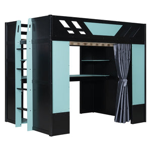 English Elm Full Size Loft Bed with Desk Blackout Curtains Rgb Lighting and Integrated Storage Black+Blue LT000377AAC