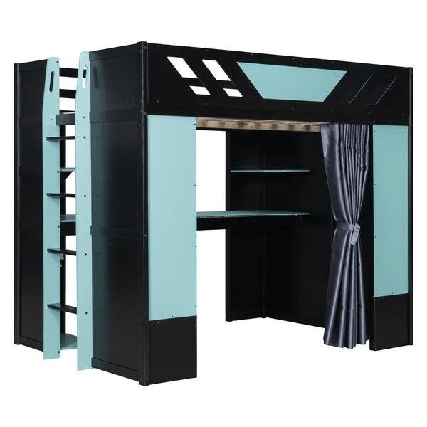 English Elm Full Size Loft Bed with Desk Blackout Curtains Rgb Lighting and Integrated Storage Black+Blue LT000377AAC